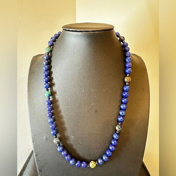 Stunning 20" lapis lazuli, azurite, and goldstone necklace with 925 hardware! - Picture 14 of 14